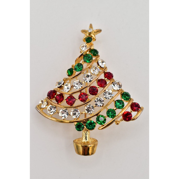 Vintage Crystal Christmas Tree Pin Brooch Rhinestone Gold Tone Holiday 90s BinBG - Picture 1 of 12